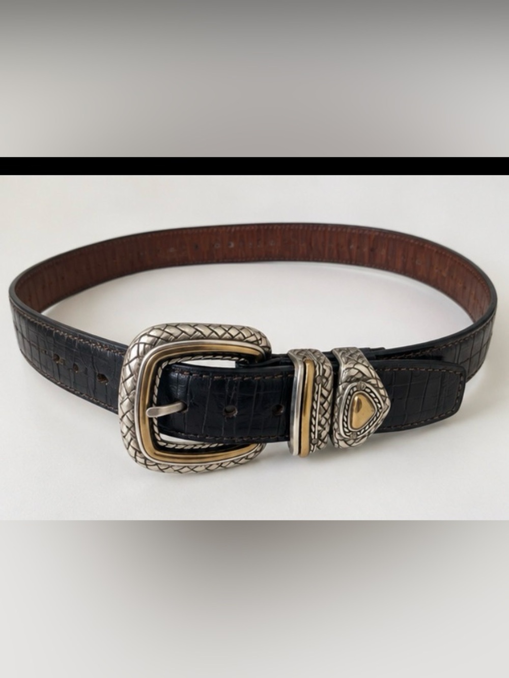 Brighton Marcus 40210 Reversible Leather Belt Black Brown Tooled 32 Two-Tone